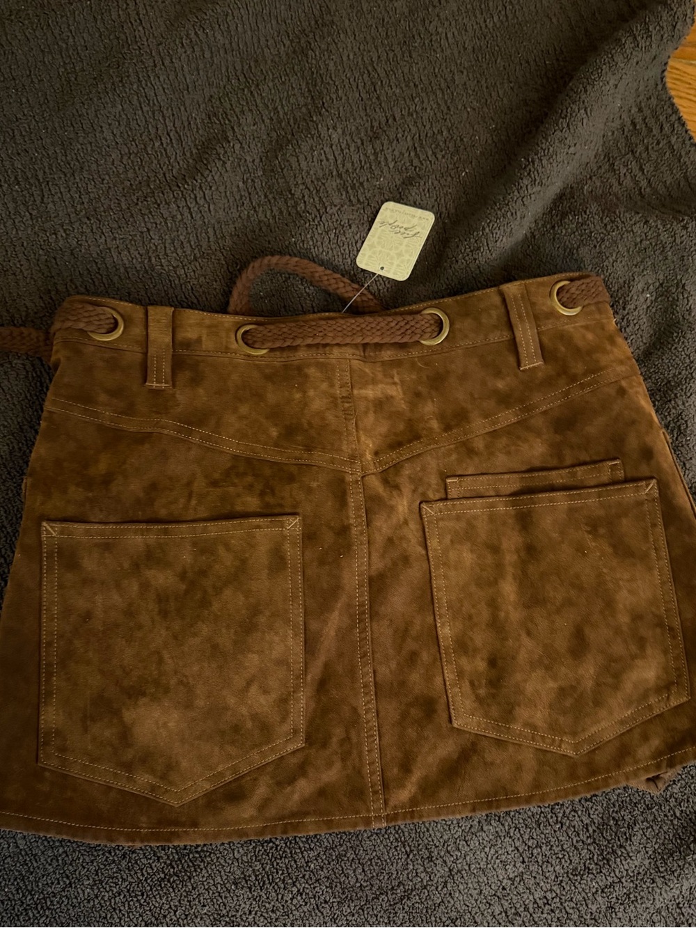 We The Free Chestnut Brown Suede Mini Skirt with Braided Waist Tie - Picture 3 of 4